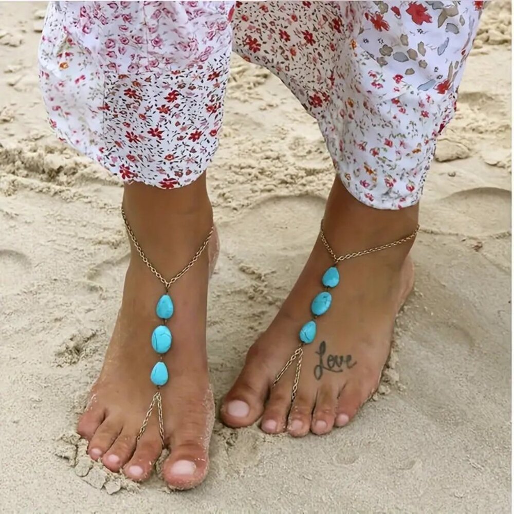 new TURQUOISE chic BOHO silvery TOE RING foot ANKLET